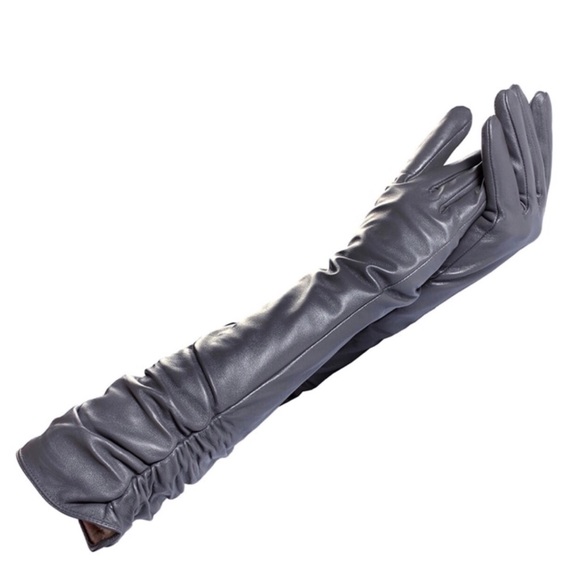 Gray Leather Ruched Cashmere Lined Gloves - Picture 3 of 7